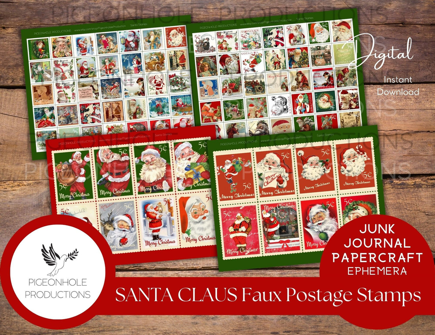 Faux Postage Stamps Ephemera BUNDLE, includes 5 kits include Autumn Fall, Christmas, Book Lover, Bunnies & Roses stamps for journals, crafts