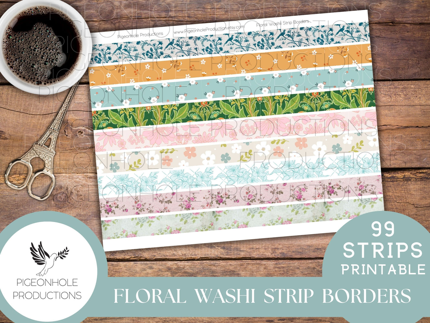 Floral Washi Strip Borders, PRINTABLE, 99 different strips, for junk journals and other paper crafting, you download and print, HAVE FUN!