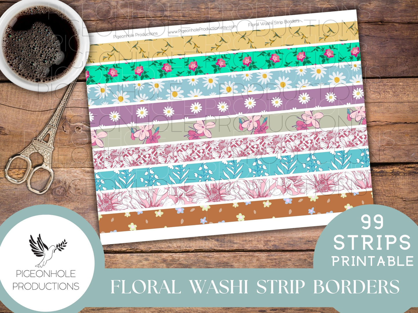 Floral Washi Strip Borders, PRINTABLE, 99 different strips, for junk journals and other paper crafting, you download and print, HAVE FUN!