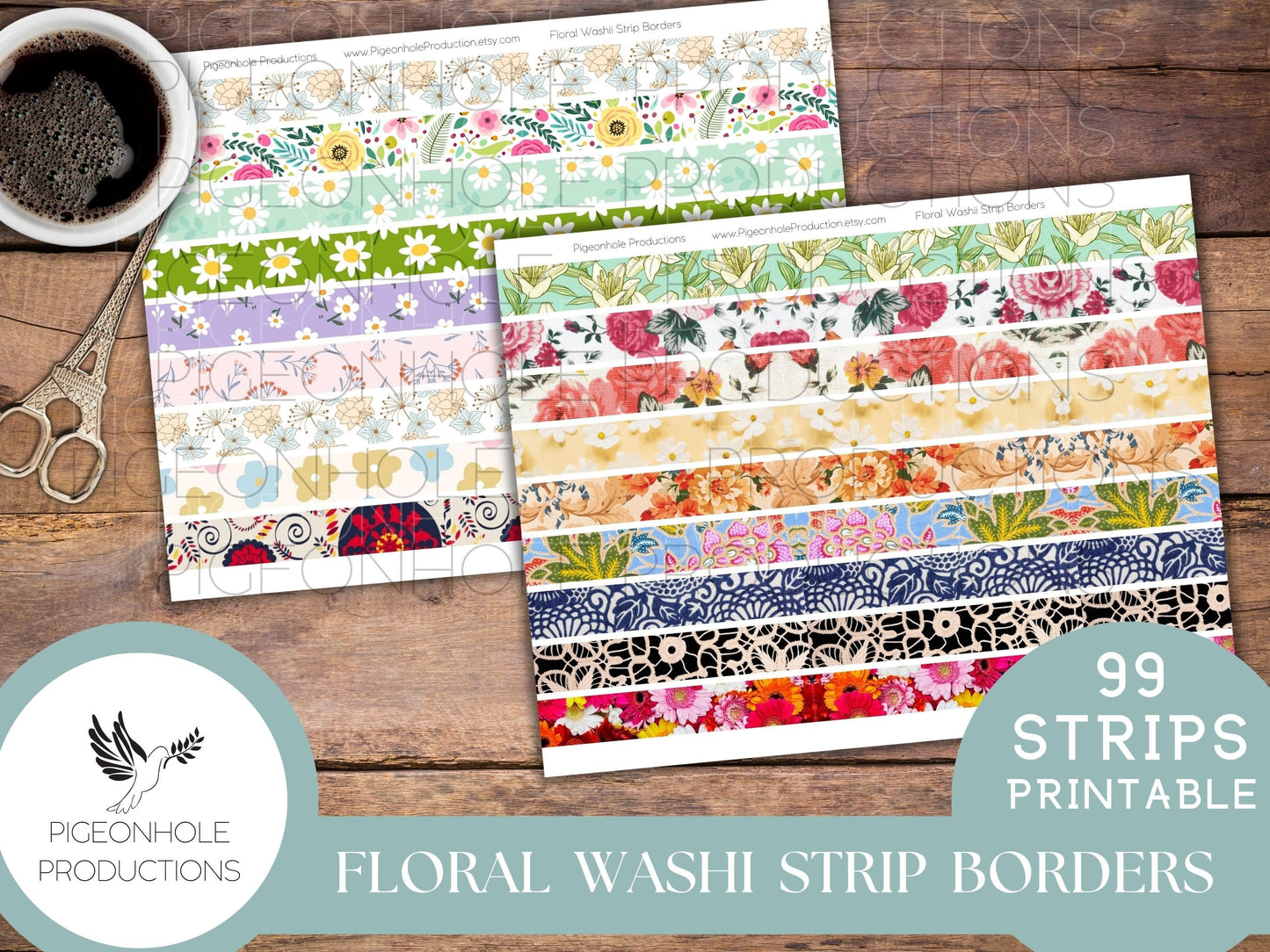 Floral Washi Strip Borders, PRINTABLE, 99 different strips, for junk journals and other paper crafting, you download and print, HAVE FUN!