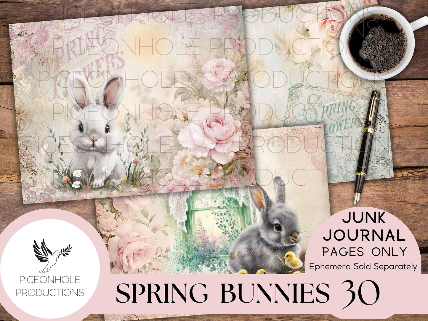 Spring Bunnies Junk Journal Pages, PRINTABLE, Easter, 30 collaged, lined, unlined journal pages for scrapbooking, card making, paper crafts