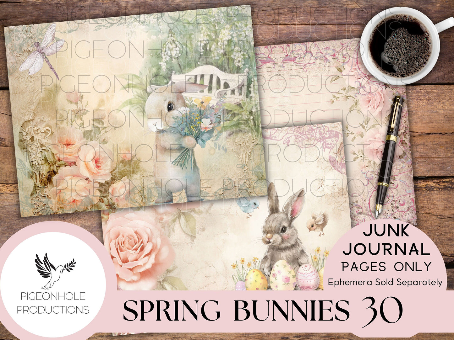 Spring Bunnies Junk Journal Pages, PRINTABLE, Easter, 30 collaged, lined, unlined journal pages for scrapbooking, card making, paper crafts