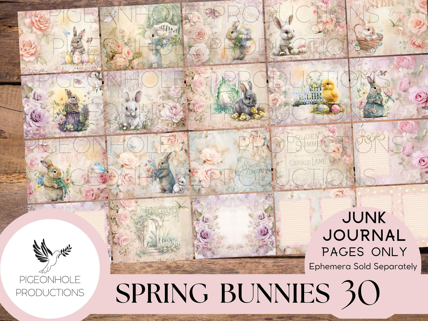 Spring Bunnies Junk Journal Pages, PRINTABLE, Easter, 30 collaged, lined, unlined journal pages for scrapbooking, card making, paper crafts