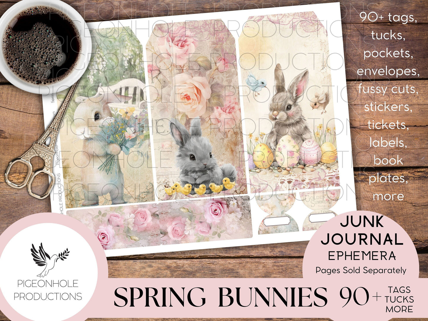 Spring Bunnies Junk Journal EPHEMERA, PRINTABLE, Easter, 90+ tags, pockets, envelopes, fussy cuts, stickers, tickets, labels, bookplates