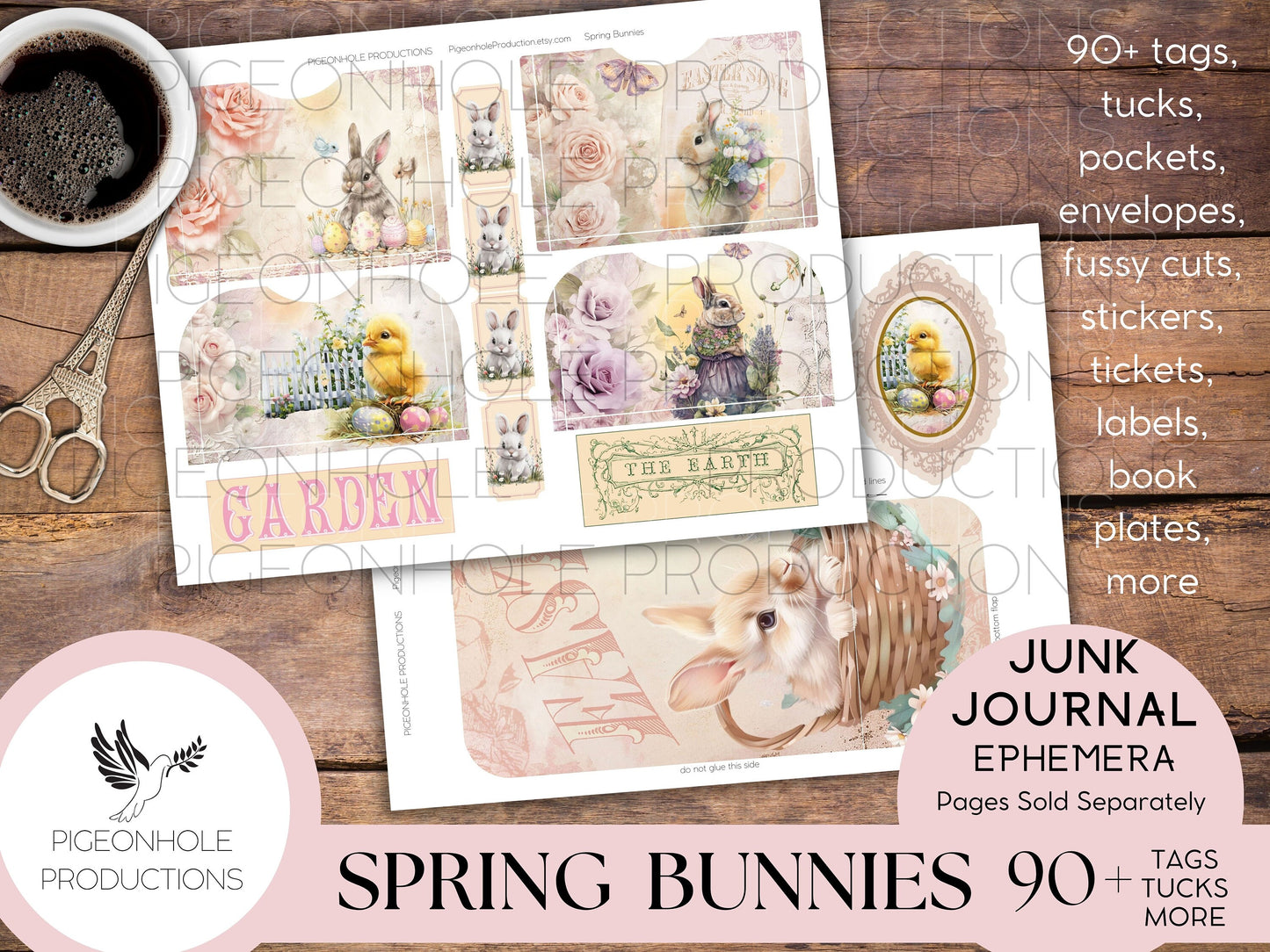 Spring Bunnies Junk Journal EPHEMERA, PRINTABLE, Easter, 90+ tags, pockets, envelopes, fussy cuts, stickers, tickets, labels, bookplates