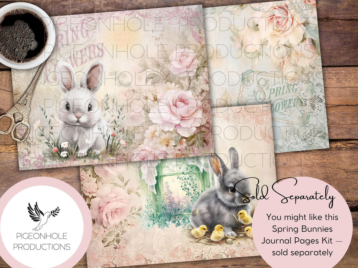 Spring Bunnies Junk Journal EPHEMERA, PRINTABLE, Easter, 90+ tags, pockets, envelopes, fussy cuts, stickers, tickets, labels, bookplates