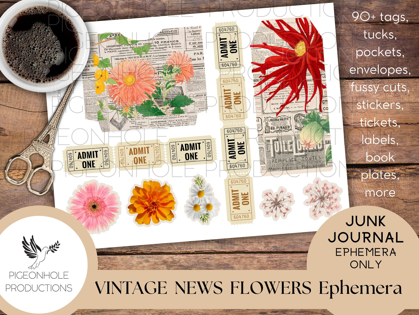 Vintage News Flowers Junk Journal EPHEMERA, PRINTABLE, 90+ tags, pockets, envelopes, fussy cuts, stickers, tickets, labels, bookplates, more