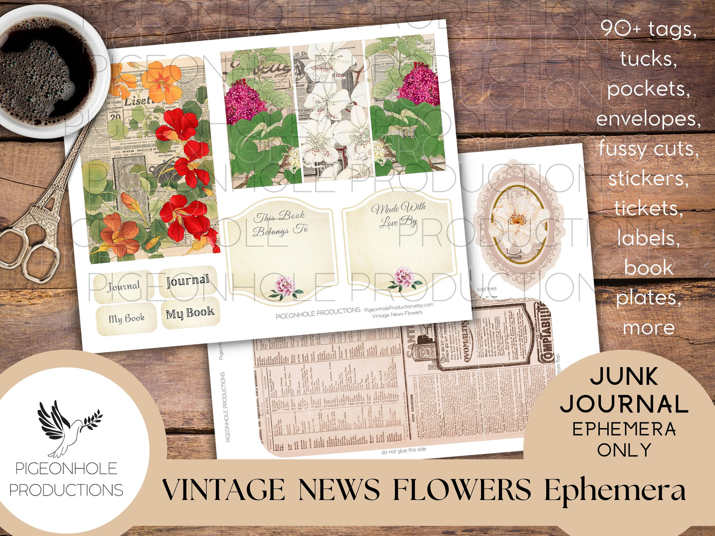 Vintage News Flowers Junk Journal EPHEMERA, PRINTABLE, 90+ tags, pockets, envelopes, fussy cuts, stickers, tickets, labels, bookplates, more