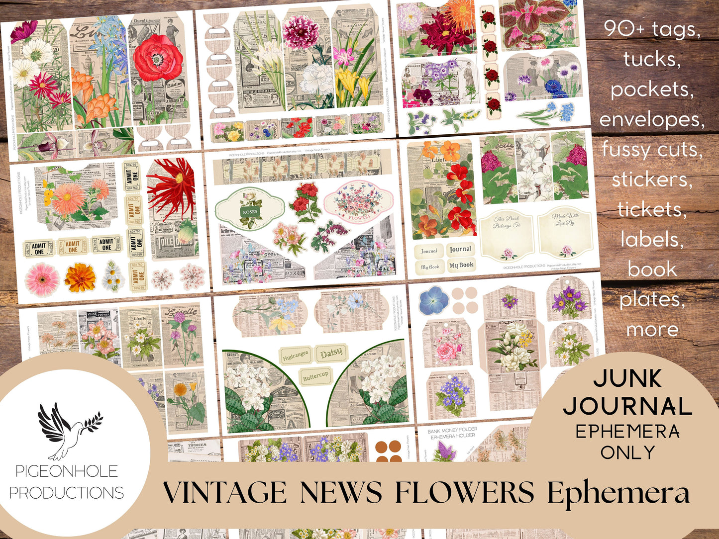 Vintage News Flowers Junk Journal EPHEMERA, PRINTABLE, 90+ tags, pockets, envelopes, fussy cuts, stickers, tickets, labels, bookplates, more
