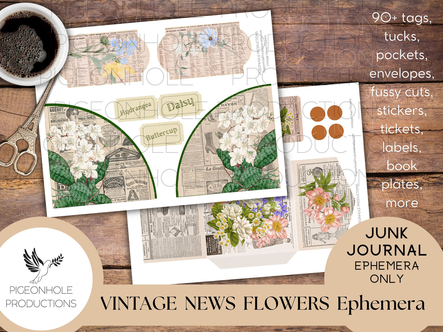 Vintage News Flowers Junk Journal EPHEMERA, PRINTABLE, 90+ tags, pockets, envelopes, fussy cuts, stickers, tickets, labels, bookplates, more