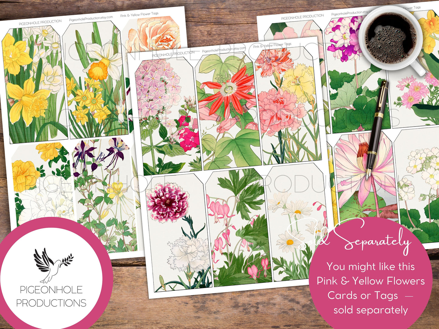 Vintage News Flowers Junk Journal EPHEMERA, PRINTABLE, 90+ tags, pockets, envelopes, fussy cuts, stickers, tickets, labels, bookplates, more