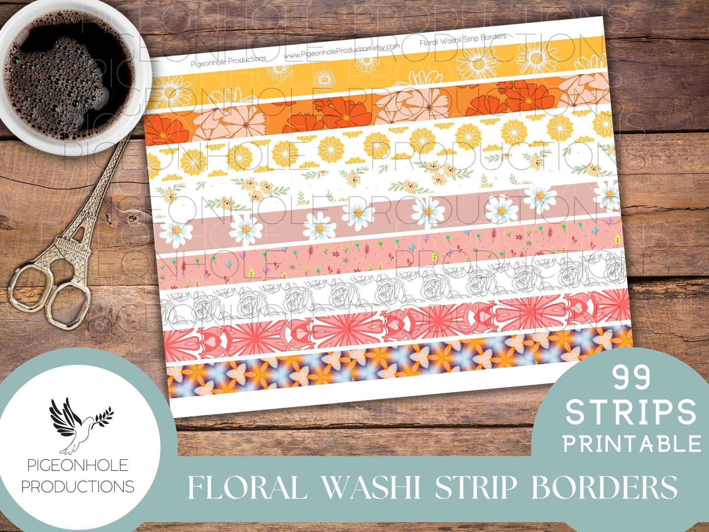 Floral Washi Strip Borders, PRINTABLE, 99 different strips, for junk journals and other paper crafting, you download and print, HAVE FUN!