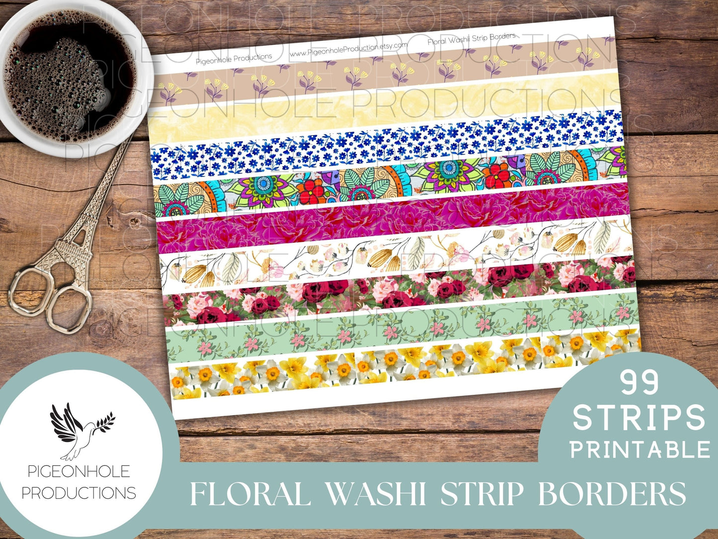 Floral Washi Strip Borders, PRINTABLE, 99 different strips, for junk journals and other paper crafting, you download and print, HAVE FUN!