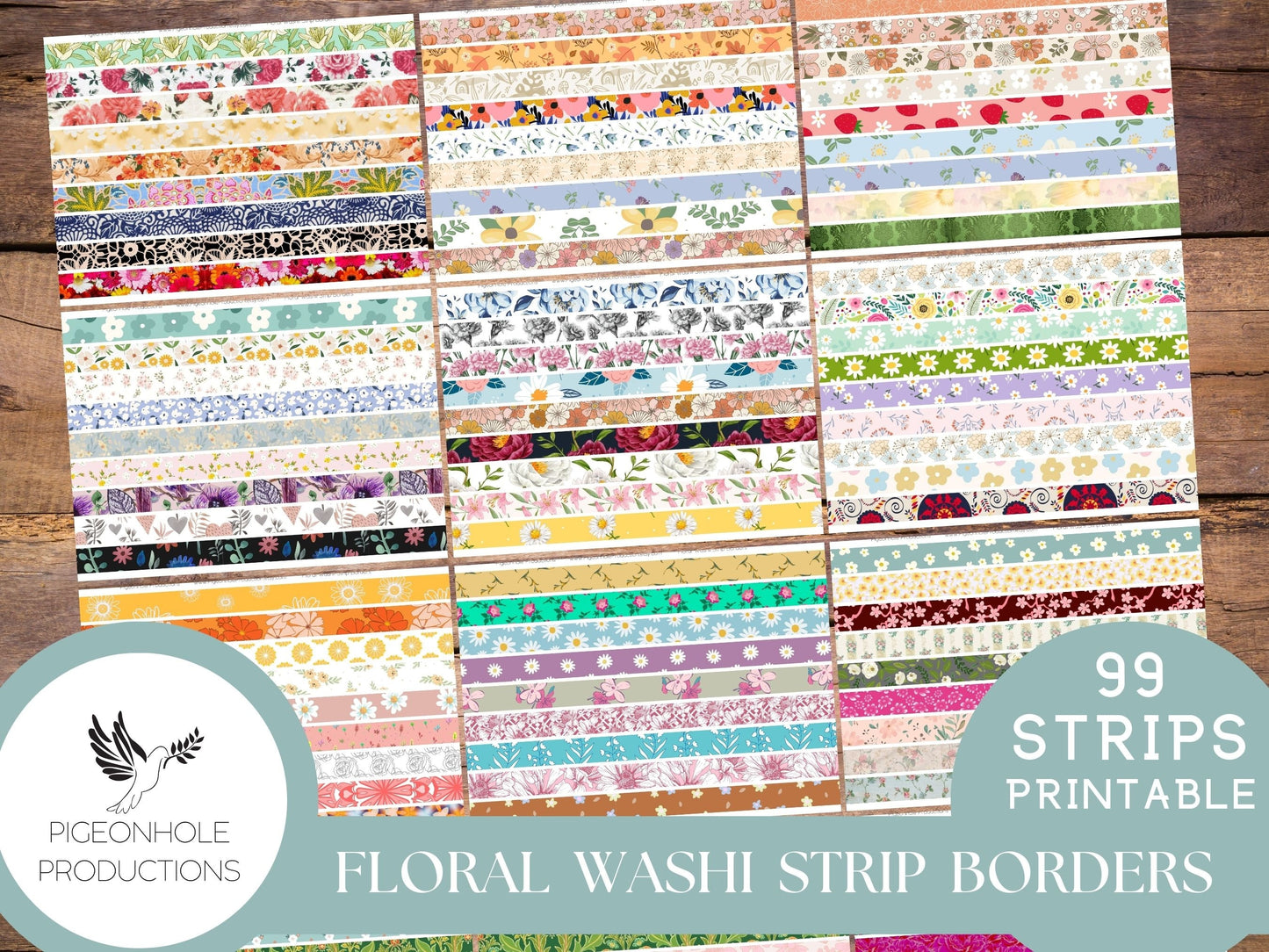 Floral Washi Strip Borders, PRINTABLE, 99 different strips, for junk journals and other paper crafting, you download and print, HAVE FUN!