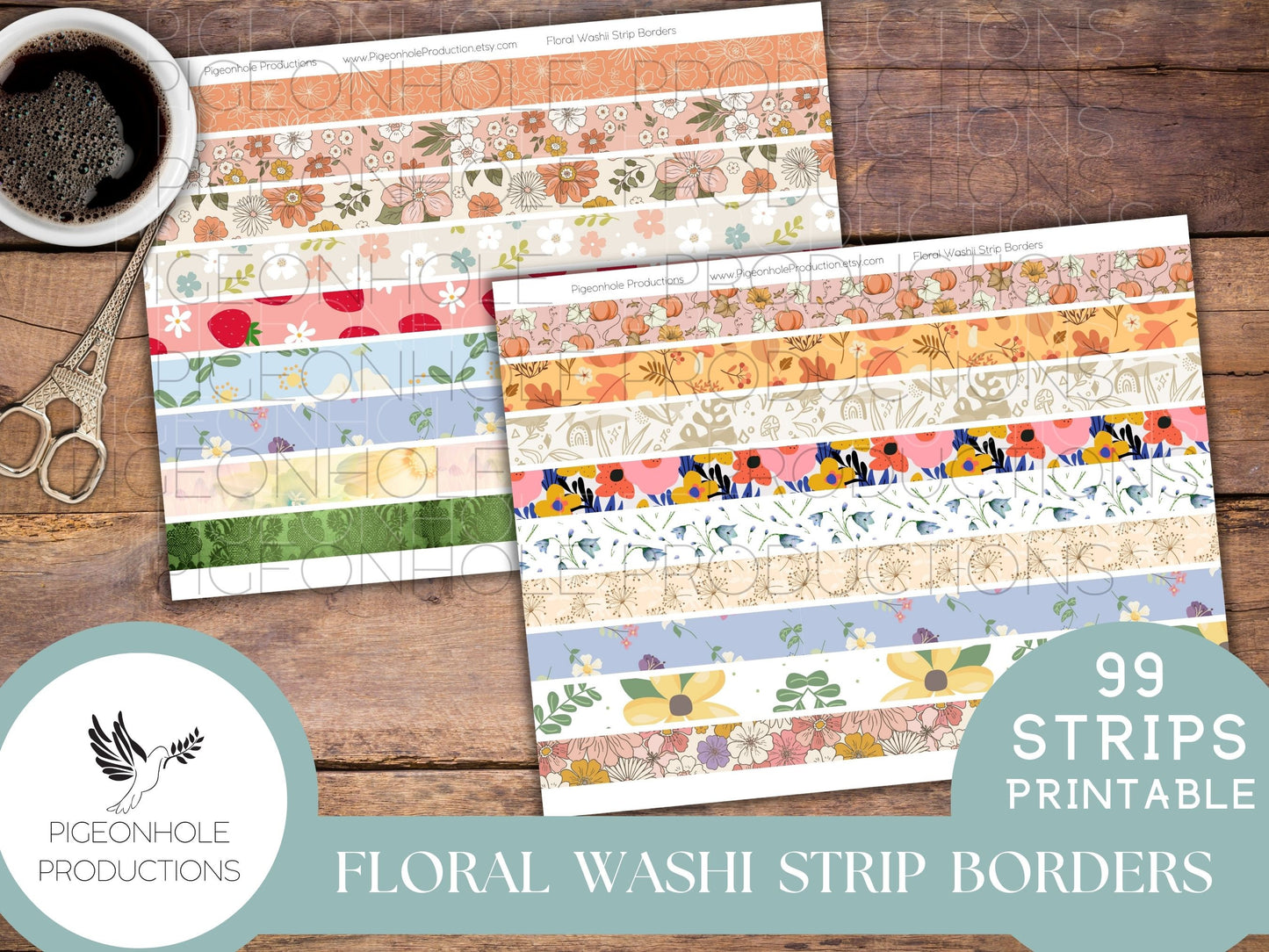 Floral Washi Strip Borders, PRINTABLE, 99 different strips, for junk journals and other paper crafting, you download and print, HAVE FUN!