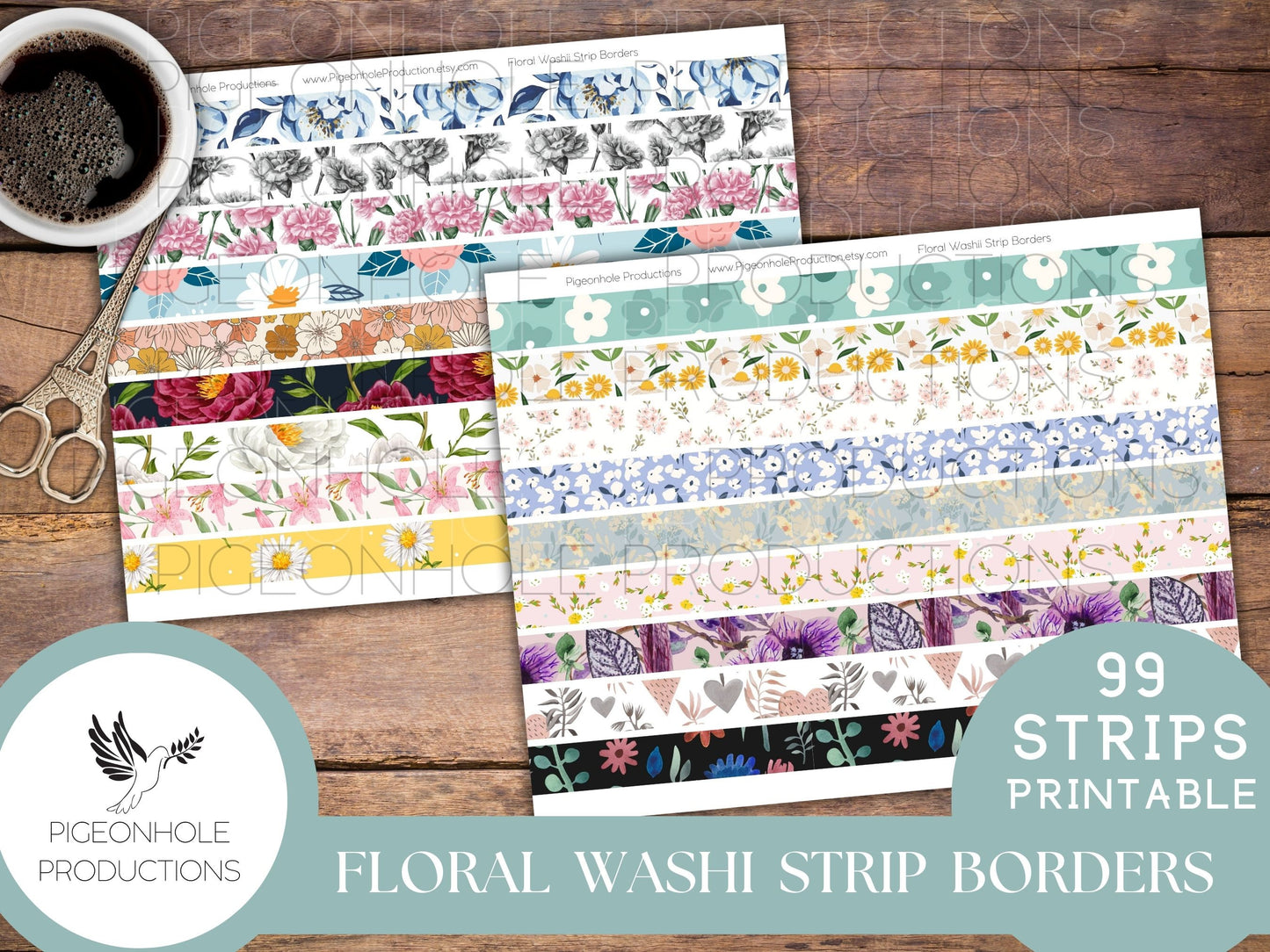 Floral Washi Strip Borders, PRINTABLE, 99 different strips, for junk journals and other paper crafting, you download and print, HAVE FUN!