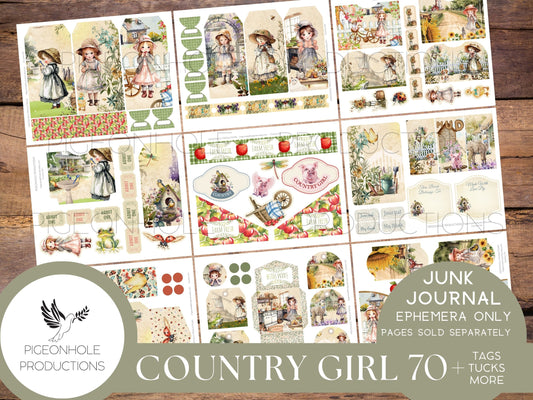 Country Girl Journal EPHEMERA, PRINTABLE, 70+ tags, tucks, pockets, envelopes, fussy cuts, stickers, tickets, labels, bookplates, more!