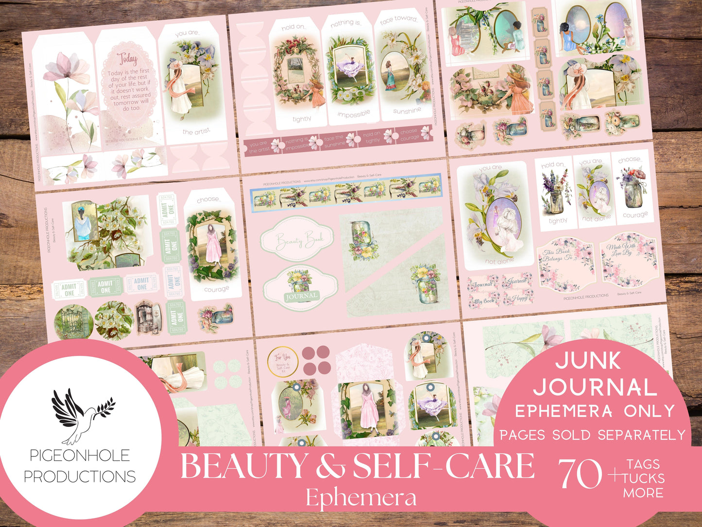 Beauty & Self-Care Junk Journal EPHEMERA, PRINTABLE, 70+ tags, tucks, pockets, envelopes, fussy cuts, stickers, tickets, labels, bookplates