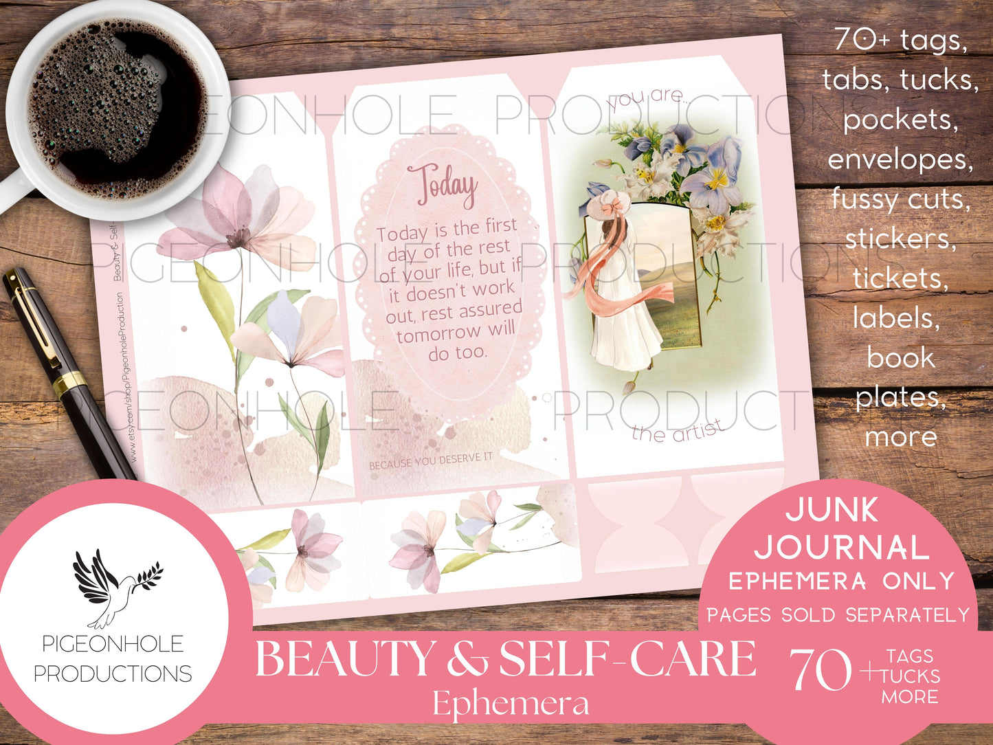 Beauty & Self-Care Junk Journal EPHEMERA, PRINTABLE, 70+ tags, tucks, pockets, envelopes, fussy cuts, stickers, tickets, labels, bookplates