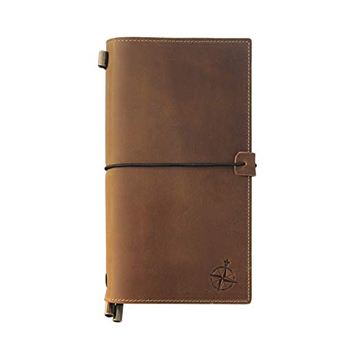 Leather Travel Journal with Pockets - 8.5x4.5" - Wanderings® Refillable Notebook Organizer, Hand-Crafted Genuine Leather Notebook with Pockets for Writing, Travelers, Organizing - Blank Inserts