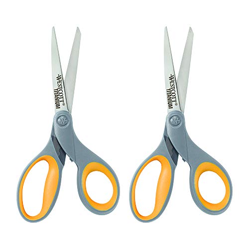 Westcott 13901 8-Inch Titanium Scissors For Office and Home, Yellow/Gray, 2 Pack