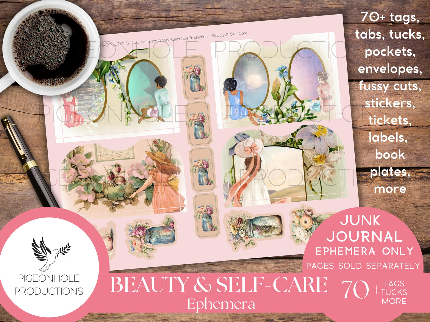 Beauty & Self-Care Junk Journal EPHEMERA, PRINTABLE, 70+ tags, tucks, pockets, envelopes, fussy cuts, stickers, tickets, labels, bookplates