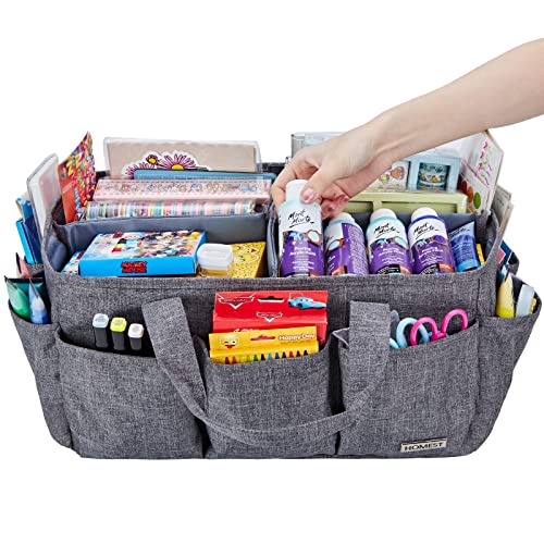 HOMEST Craft Organizer Tote Bag with Multiple Pockets, Storage Art Caddy for Scrapbooking, Crafts Supply Carrier for Tool, Gray