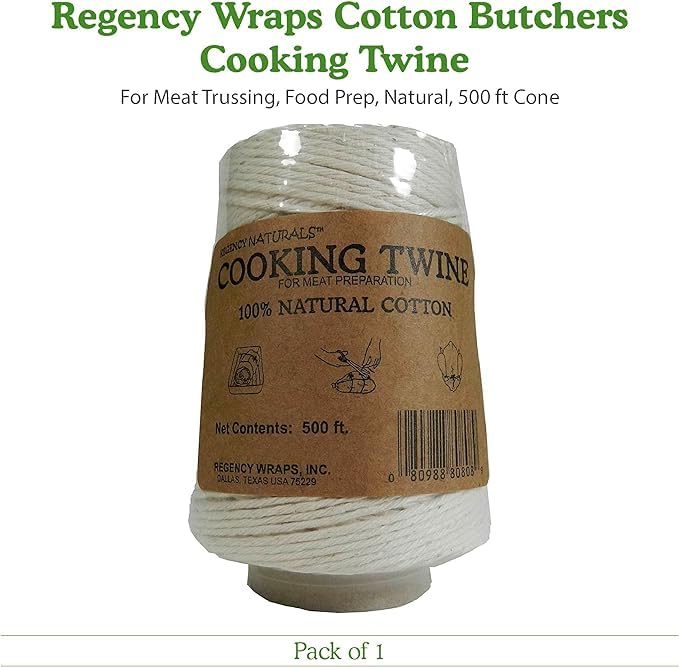 Regency Wraps Butchers Cooking Twine, Heavy Duty, 16 Ply, 2.4mm, Cotton Kitchen String for Turkey Trussing, Meat Prep, Crafting, Food-Safe, 500ft, Natural, Pack of 1