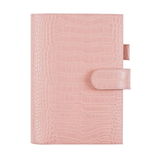 Moterm Leather Cover for A5 Notebooks - Fits Hobonichi Cousin, Stalogy and Midori MD Planners, with Pen Loop, Card Slots and Back Pocket (Croc-Coral)