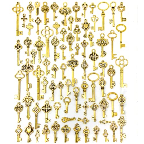 AUCHOIS 80 PCS Vintage Skeleton Key Set Charms, SUNEEY Mixed Style Antique Gold Key Set Charms for Pendant DIY Jewelry Making Wedding Party Favors