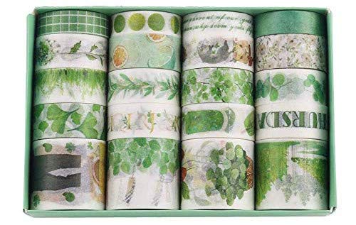 Washi Tape Set,20 Rolls Multi-Pattern Decorative Washi Tape,Washi Masking Tape,DIY Decor Label for Journals,Album,Daily Planners,Gift Wrapping,Party,Art Project Scrapbooking (1. Green)