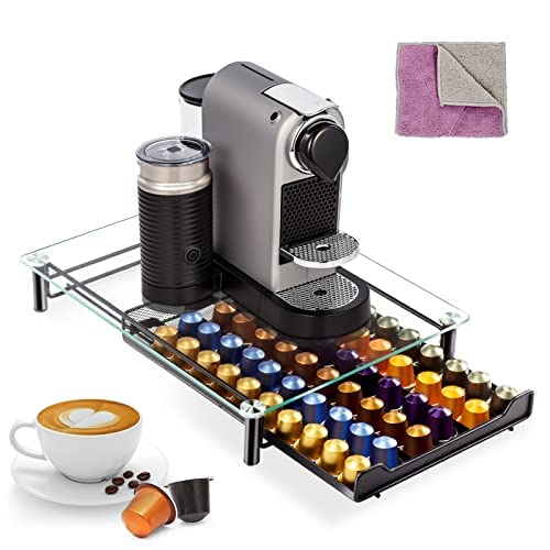 Masthome 60 Nespresso Pods Holder Drawer, Coffee Capsule Organizer for Nespresso with Glass Tray and Anti -slip Feet, Coffee Strorage Rack of Big Capacity