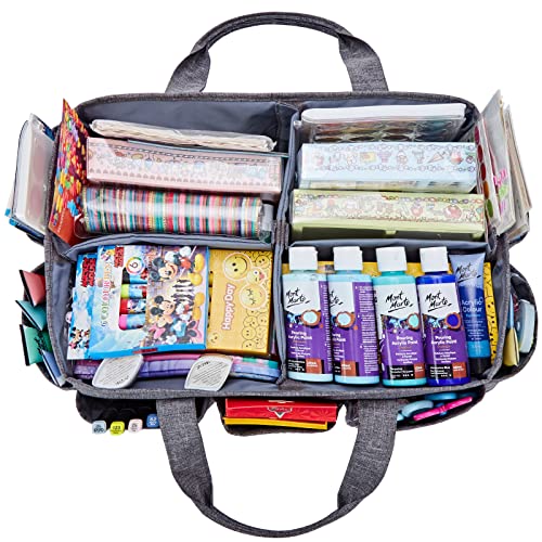 HOMEST Craft Organizer Tote Bag with Multiple Pockets, Storage Art Caddy for Scrapbooking, Crafts Supply Carrier for Tool, Gray