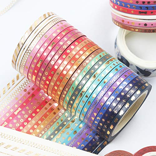 YUBBAEX 24 Rolls Skinny Washi Tape Set Gold Foil Print Decorative Tapes for Arts, DIY Crafts, Journals, Planners, Scrapbooking, Wrapping (Slim 3mm)