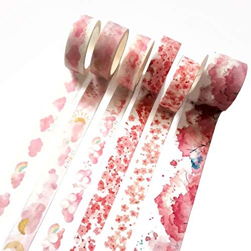 Fokanlo 6 Rolls Washi Tape Set, Cute Blue Pink Flower Weather Colorful Craft Tape for Home Art Scrapbook Journaling Diary Notebook Planner Decoration Handmakers DIY Supplies, Gift Wrapping (Pink)