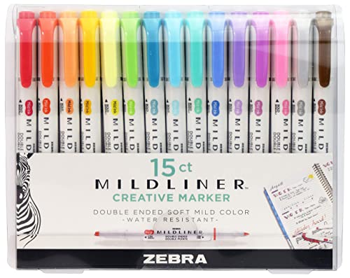 Zebra Pen Mildliner Double Ended Highlighter Set, Broad and Fine Point Tips, Assorted Ink Colors, 15-Pack