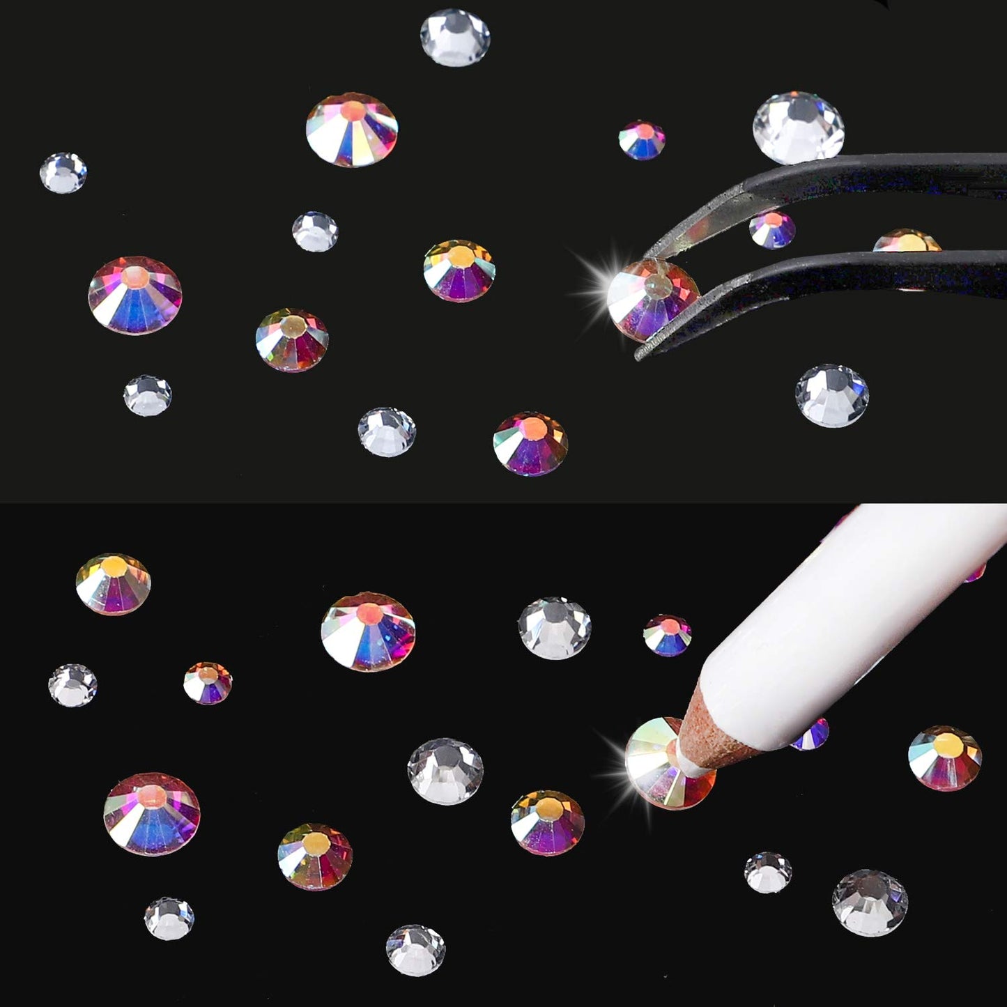 OUTUXED 5040pcs Hotfix Rhinestones, Clear and AB Crystal Rhinestones 6 Mixed Size for Crafts Flatback Hotfix Crystals, Clear Rhinestones with Tweezers and Picking Rhinestones Pen 2-6.5mm