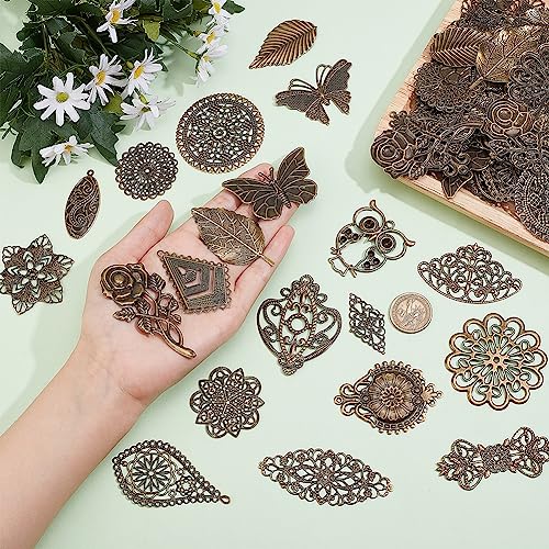 PH PandaHall 120pcs Filigree Metal Embellishments 19 Style Filigree Connectors Charms Antique Bronze Flower Animal Pendants for Steampunk Mixed Media Art Hairpin Headwear Necklace Jewelry Making