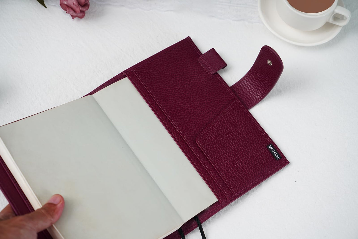 Moterm Leather Cover for Stalogy B6 - with Back Pocket, Pen Loop and Card Slots (Firm Pebbled-Beetroot, B6+)