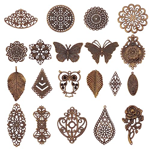 PH PandaHall 120pcs Filigree Metal Embellishments 19 Style Filigree Connectors Charms Antique Bronze Flower Animal Pendants for Steampunk Mixed Media Art Hairpin Headwear Necklace Jewelry Making