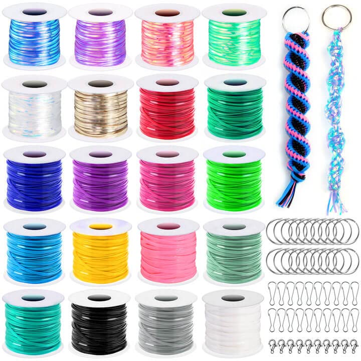 cridoz Lanyard String, Boondoggle String Kit with 20 Rolls Plastic Lacing Cord and 50Pcs Keychain Lanyard Accessories, Gimp String Lanyard Weaving Kit for Keychain Crafts, Bracelet and Lanyards