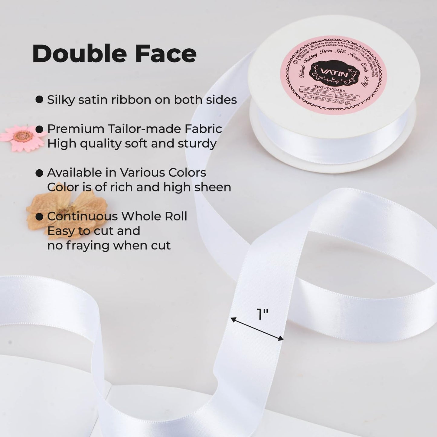 VATIN 1 inch Double Faced Polyester Satin Ribbon White -Continuous 25 Yard Spool, Perfect for Wedding, Wreath, Baby Shower,Packing and Other Projects.