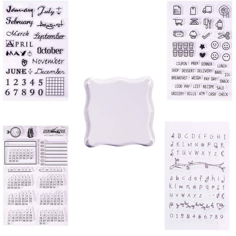 PH PandaHall Clear Journal Stamps, 4 Sheets Clear Silicone Stamps Alphabet Symbol Stamp Seal Calendar Planner Stamps with Square Acrylic Block Pad for Week Dates Month Organizer Scrapbooking Photo