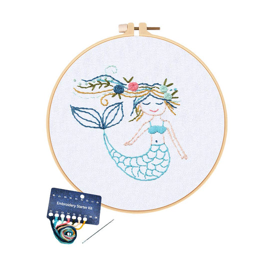 Wodison Kids Embroidery Kit for Adults Beginner Kids Child Cross Stitch Starter Kit with Cute Mermaid Princess Pattern Craft Embroidery Hoops Floss Thread Needles