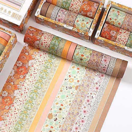 12 Rolls Washi Tape Set, Yellow Flowers Grass Green Leaf Washi Masking Tape Decorative Scrapbooking, Planners, Card/Gift Wrapping, DIY Decor and Craft Supplies (Yellow Flowers)