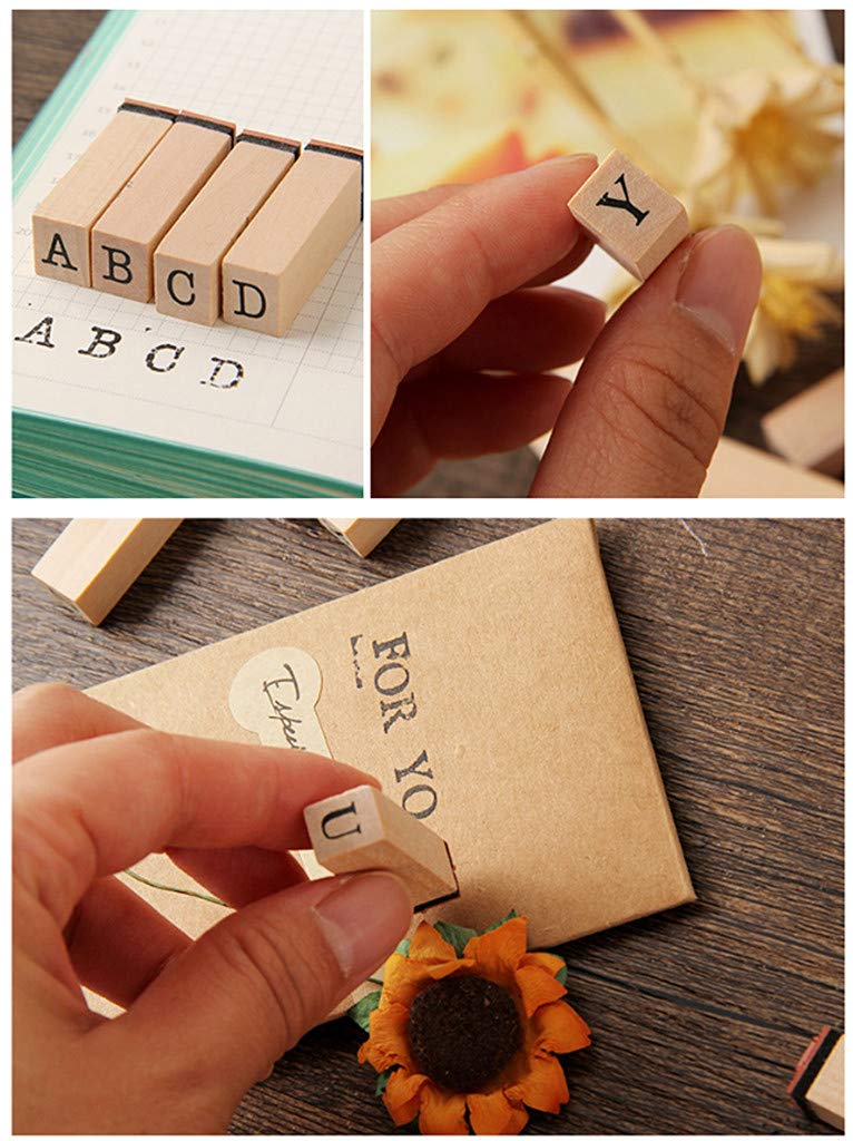 Alphabet Stamps Set,Vintage Wooden Rubber A-Z Letters and Numbers Diary Stamp Kit for Children DIY Scrapbooking Planner Card Making(36pcs)