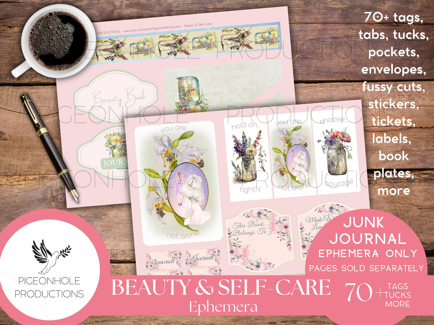 Beauty & Self-Care Junk Journal EPHEMERA, PRINTABLE, 70+ tags, tucks, pockets, envelopes, fussy cuts, stickers, tickets, labels, bookplates