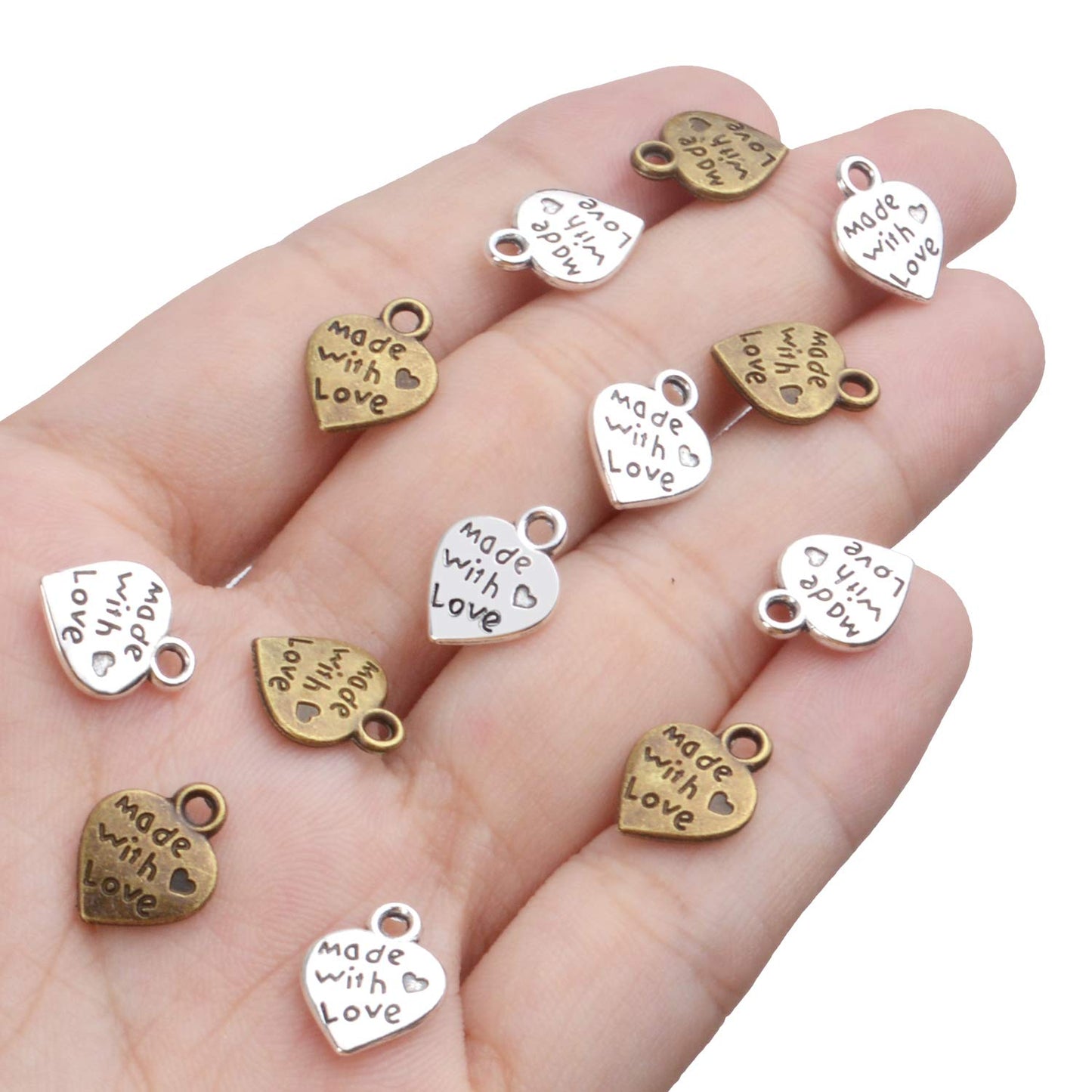 BronaGrand 100pcs Peach Heart Shape MADE WITH LOVE Charm pendant for DIY Crafting jewelry Making(Antique Silver and Bronze)