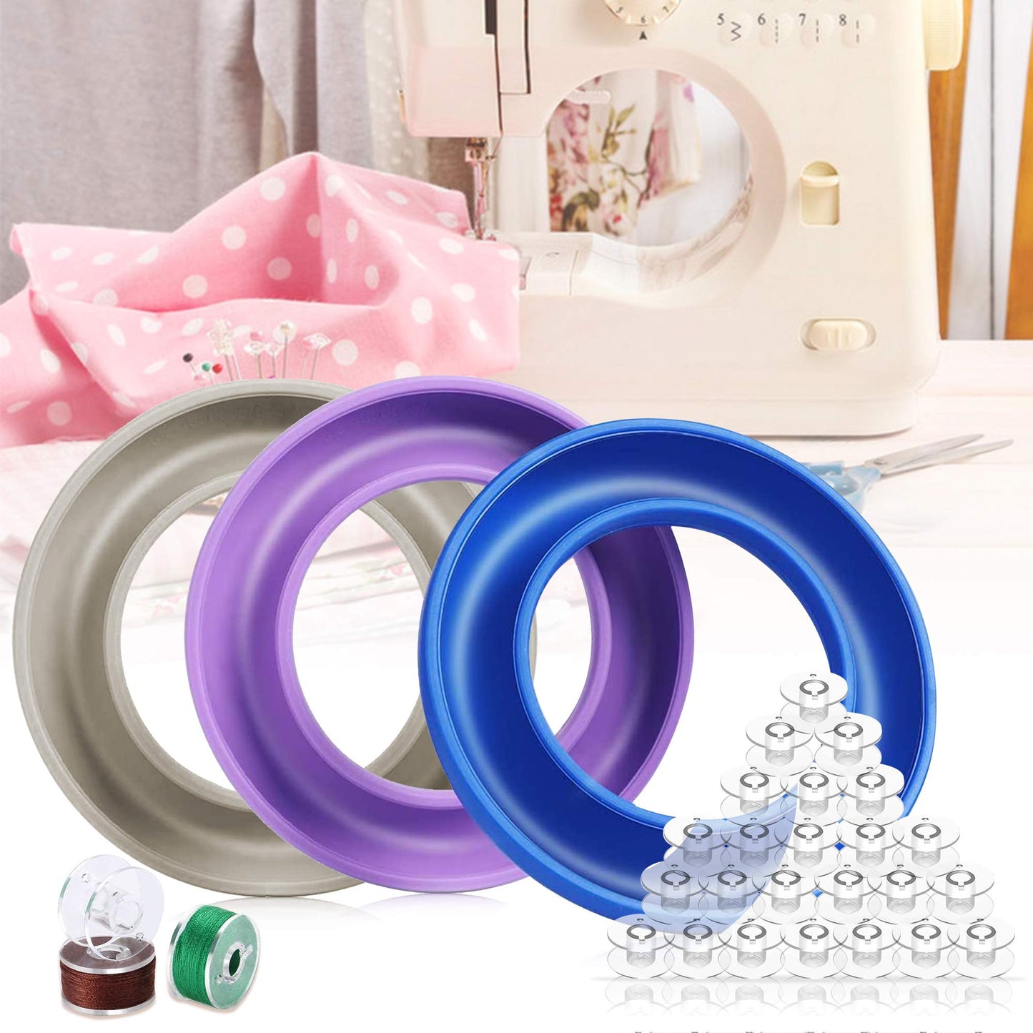 Neatbuddy 3 Pack Bobbin Holders, Silicone Bobbin Rings, Different Color Sewing Machine Bobbin Organizer and 24 Transparent Bobbins for Daily Sewing Supplies(Grey&Blue&Purple)