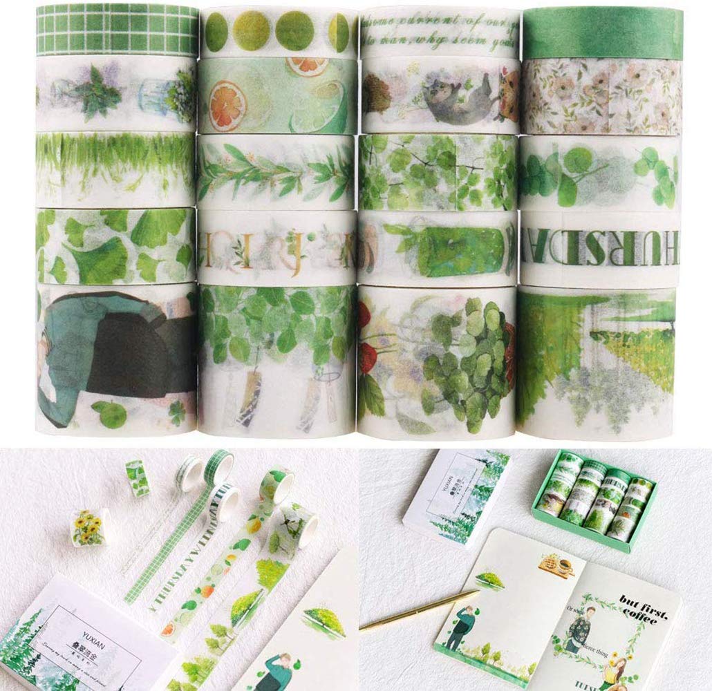 Washi Tape Set,20 Rolls Multi-Pattern Decorative Washi Tape,Washi Masking Tape,DIY Decor Label for Journals,Album,Daily Planners,Gift Wrapping,Party,Art Project Scrapbooking (1. Green)